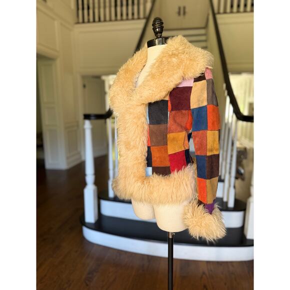 SOLD---VTG 70s Patchwork Suede Penny Lane Afghan Jacket Hippie Boho Fall Winter - Picture 6 of 13